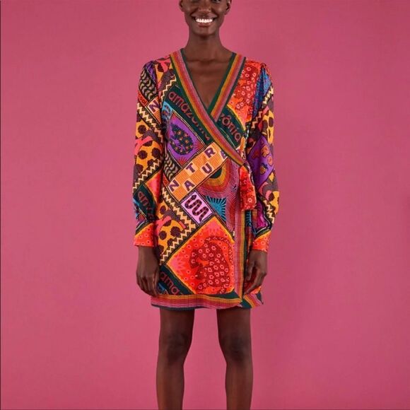 FARM RIO Dotted Patch Scarf Mini Wrap Dress Printed Multicolor - Picture 2 of 10